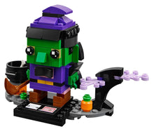Load image into Gallery viewer, LEGO Brickheadz Halloween Witch with green face, purple outfit, broomstick and pumpkin accessory