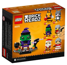 Load image into Gallery viewer, LEGO Brickheadz Halloween Witch boxed set featuring a green witch figure with purple hat and Halloween themed accessories