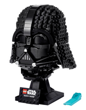 Load image into Gallery viewer, LEGO Darth Vader helmet LEGO set 75304 displayed on a stand, featuring detailed black brick design