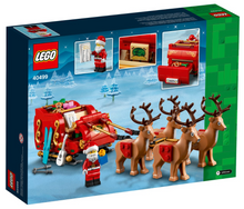 Load image into Gallery viewer, LEGO Santa's Sleigh set UK boxed set with Santa figure, sleigh, and four reindeer in festive design