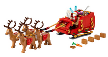 Load image into Gallery viewer, LEGO Santa's Sleigh set UK featuring Santa in red sleigh with reindeer and festive accessories