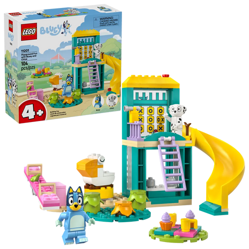 Bluey and Chloe LEGO playset 11201 featuring a slide, colourful pieces and fun characters for creative play