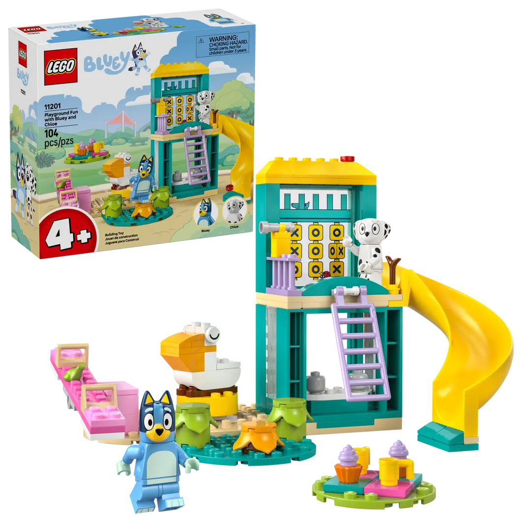 Bluey and Chloe LEGO playset 11201 featuring a slide, colourful pieces and fun characters for creative play