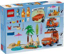 Load image into Gallery viewer, Bluey&#39;s Family Car Trip LEGO kit 11202 featuring a van, characters, and beach scene accessories
