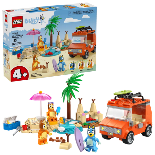 Bluey's Family Car Trip LEGO kit 11202 featuring a beach scene with car, palm trees, and characters