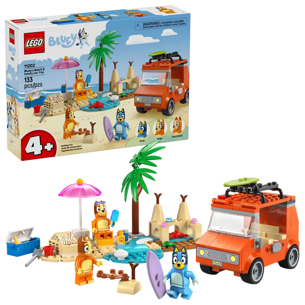 Bluey's Family Car Trip LEGO kit 11202 featuring a beach scene with car, palm trees, and characters