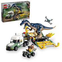 Load image into Gallery viewer, LEGO Jurassic World Allosaurus Transport Truck 76966 set featuring a truck, dinosaur, and drone for creative play
