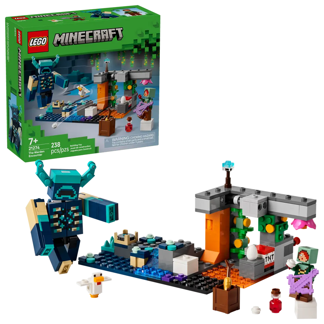 LEGO Minecraft The Warden Encounter 21274 boxed set featuring the Warden and various building elements