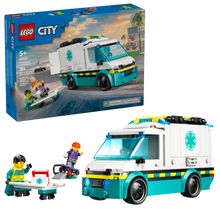 Load image into Gallery viewer, Brick Shack LEGO 60451 ambulance set UK showing white and teal ambulance van with two minifigures and stretcher packaging
