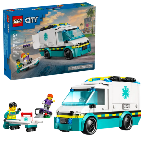 Brick Shack LEGO 60451 ambulance set UK showing white and teal ambulance van with two minifigures and stretcher packaging