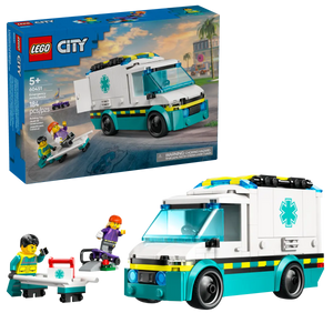 Brick Shack LEGO 60451 ambulance set UK showing white and teal ambulance van with two minifigures and stretcher packaging