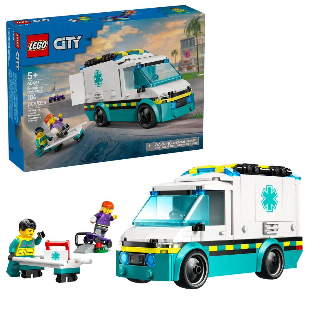 Brick Shack LEGO 60451 ambulance set UK showing white and teal ambulance van with two minifigures and stretcher packaging