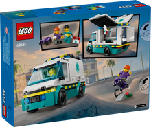 Load image into Gallery viewer, Brick Shack boxed LEGO 60451 ambulance set UK showing teal and white ambulance with two minifigures and accessories
