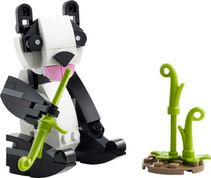 LEGO Creator 3-in-1 Panda Bear polybag model black and white panda holding green bamboo next to small plant