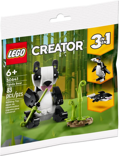 LEGO Creator 3-in-1 Panda Bear polybag showing assembled panda with bamboo scene and alternate penguin and jet builds