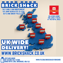 Load image into Gallery viewer, Brick Shack promo showing UK map made of blue LEGO plates with LEGO flags and Royal Mail info for LEGO Easter Chickens polybag
