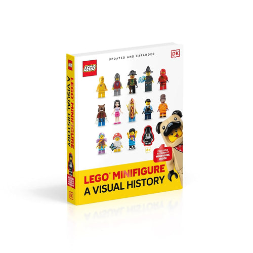 LEGO minifigure history book showcasing various minifigures and their designs through the years