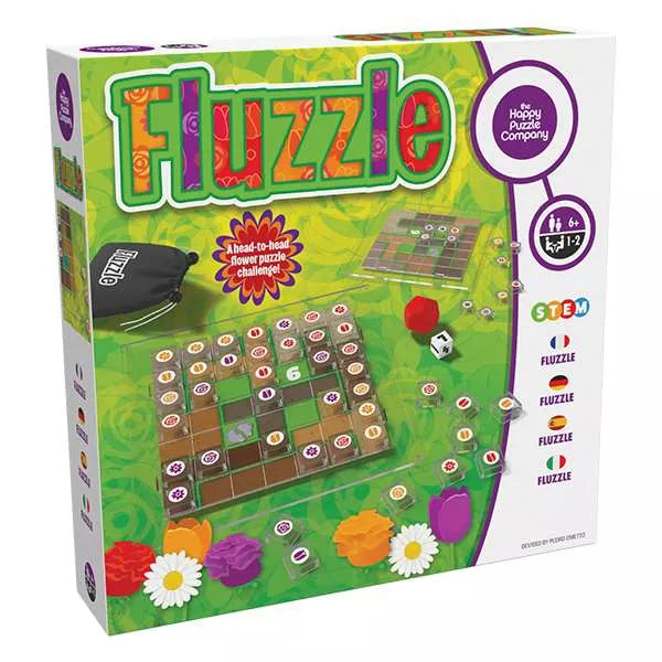 Happy Fluzzle board game puzzle with colourful flower pieces and dice for 1 to 2 players aged 6 and up