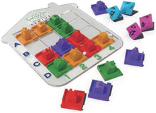 Load image into Gallery viewer, Happy garden maze puzzle game with colourful plastic pieces and dice on a white board
