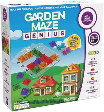 Happy Garden Maze Puzzle Game box featuring colourful houses and dice for strategic play