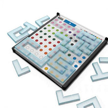 Load image into Gallery viewer, Happy colour block logic puzzle with transparent geometric pieces on a colourful dot grid board
