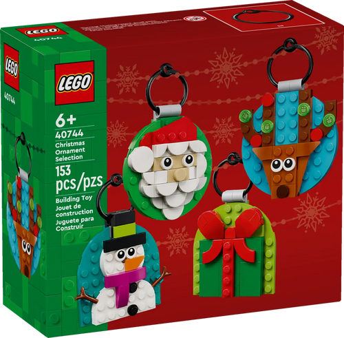 LEGO 40744 festive decorations boxed set featuring four Christmas ornaments for creative building fun.
