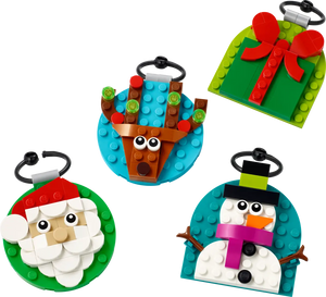 LEGO 40744 festive decorations featuring Santa, reindeer, snowman, and gift designs for holiday fun