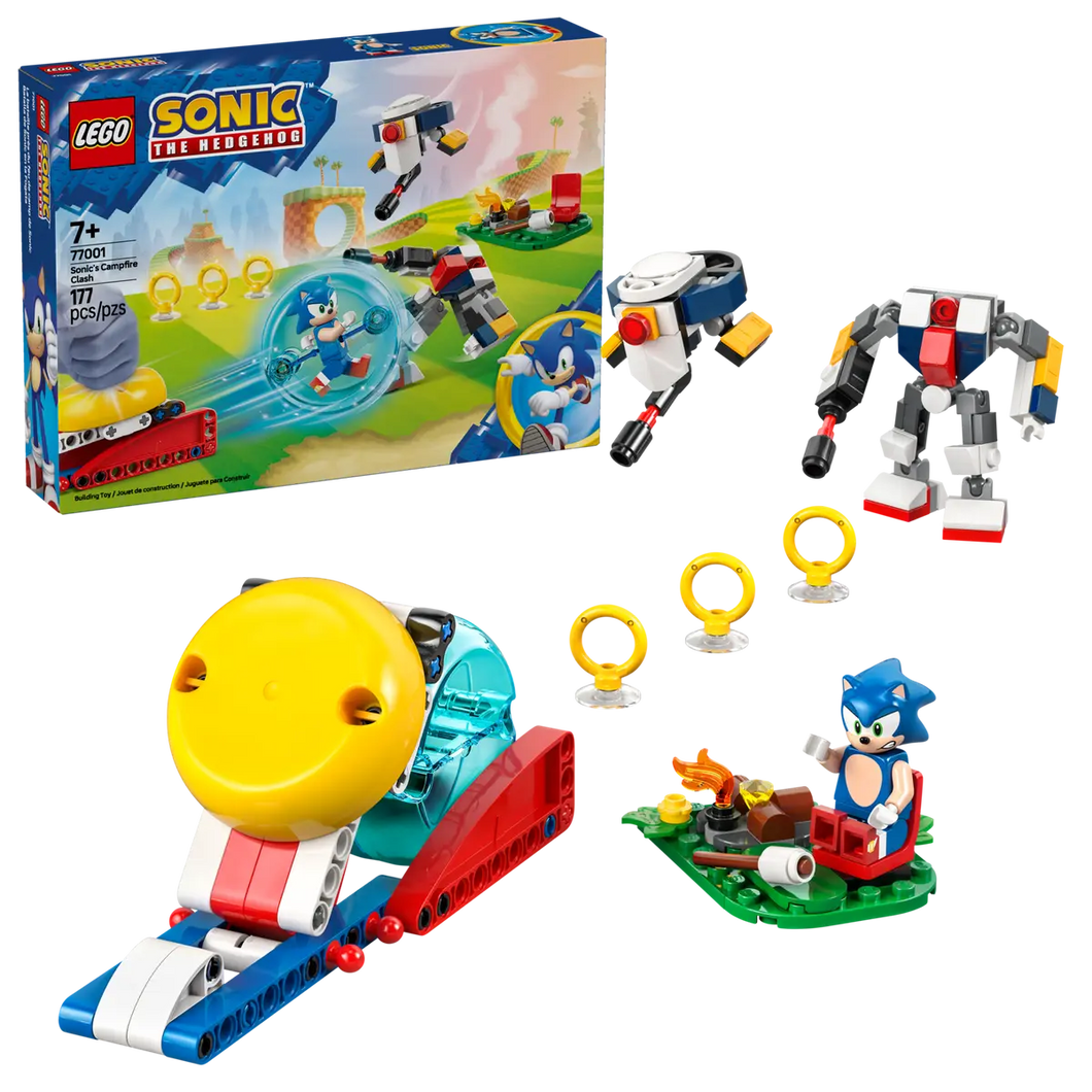 LEGO 77001 Sonic the Hedgehog Campfire Clash box set featuring Sonic, robots, and campfire scene