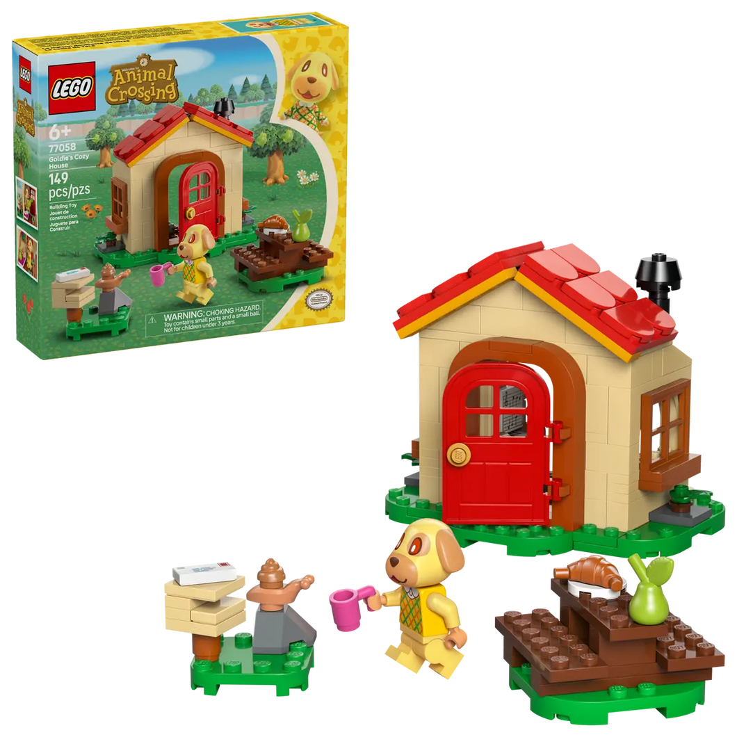 LEGO Animal Crossing Goldie's Cosy House 77058 set with 149 pieces featuring Goldie and charming accessories