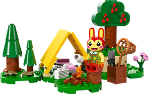 Animal Crossing LEGO camping set featuring character, tent, trees, campfire, and accessories