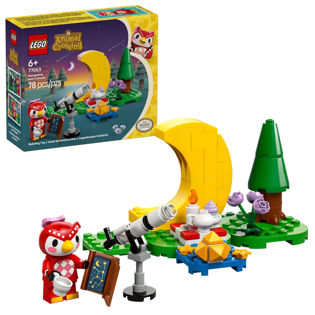 LEGO Animal Crossing sets UK with telescope, moon, tree, and red owl character by Brick Shack