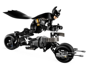 LEGO Batman Construction Figure riding a black Batcycle motorcycle with detailed design from Brick Shack