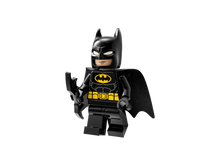 Load image into Gallery viewer, LEGO Batman minifigure from the LEGO Batman Mech Armor set in black suit with cape and batarang
