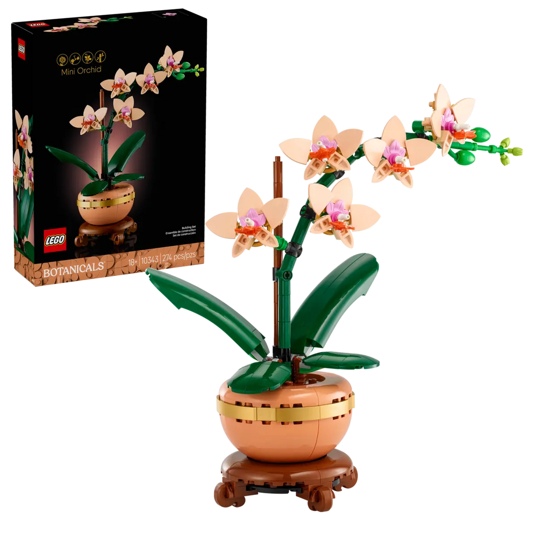 LEGO Botanicals Mini Orchid set by Brick Shack with detailed pink flowers and green leaves in a brown pot
