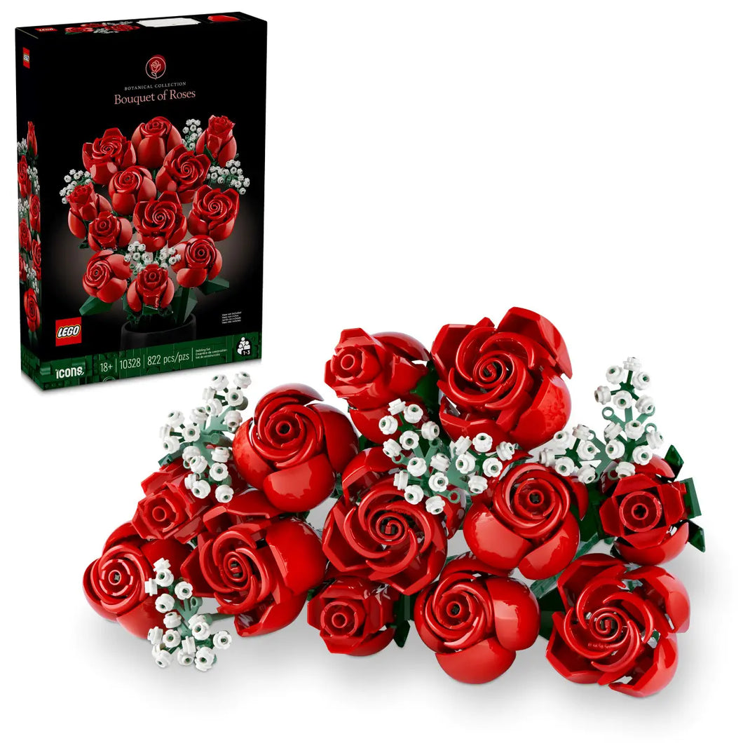 LEGO bouquet of roses set 10328 with vibrant red roses and delicate white flowers in a decorative arrangement