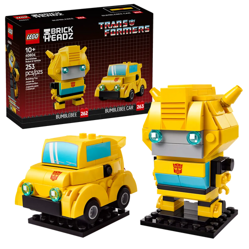 LEGO Brickheadz Bumblebee set featuring a yellow Bumblebee figure and car from Transformers in a boxed set
