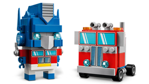LEGO Brickheadz Optimus Prime boxed set by Brick Shack showing detailed blue and red robot figure with truck front on black background