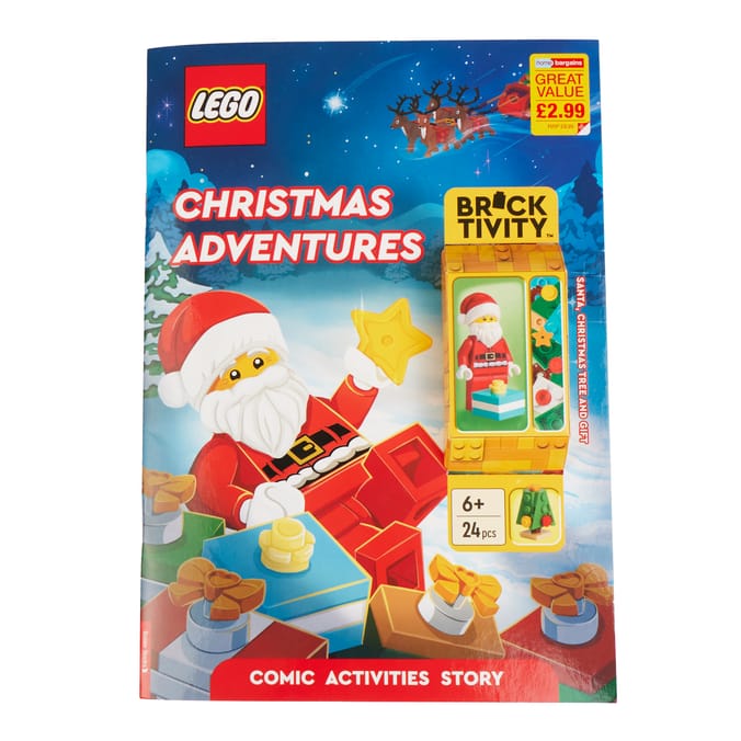 LEGO festive activity book for kids featuring Christmas Adventures with comic activities and a festive Santa figure