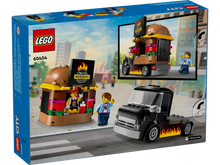 Load image into Gallery viewer, LEGO City Burger Truck boxed set by featuring a burger stand and a black truck with flame decals
