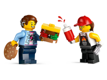 Load image into Gallery viewer, LEGO City Burger Truck minifigures with burger and ketchup bottle from boxed set
