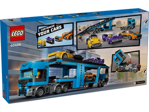 Brick Shack LEGO City Car Transporter boxed set featuring a blue truck with customizable cars on a double-deck trailer