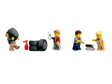 Load image into Gallery viewer, LEGO City Car Transporter minifigures repairing tyres and using tools from Brick Shack boxed set
