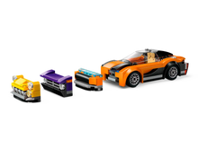 Load image into Gallery viewer, LEGO City Car Transporter boxed set by Brick Shack featuring orange sports car with interchangeable front bumpers
