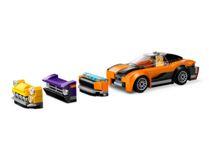 LEGO City Car Transporter boxed set by Brick Shack featuring orange sports car with interchangeable front bumpers
