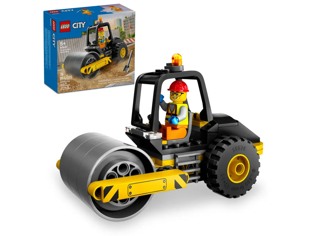 LEGO City Construction Steamroller 60401 boxed set with a detailed steamroller and minifigure