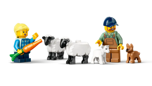 LEGO City farm tractor set with farmer and child minifigures and farm animals including sheep and dog