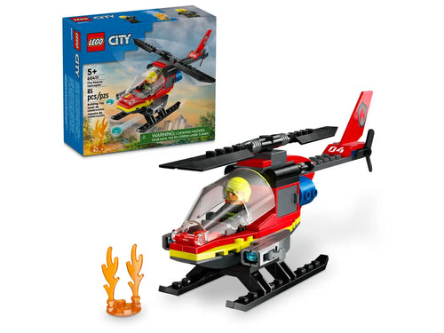 LEGO City Fire Rescue Helicopter boxed set with 85 pieces and firefighter minifigure