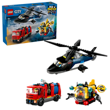 Load image into Gallery viewer, LEGO City helicopter fire truck submarine set with detailed rescue vehicles and figures
