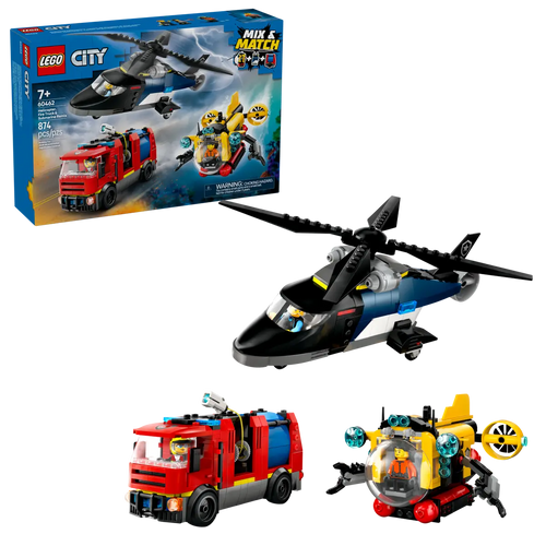 LEGO City helicopter fire truck submarine set with detailed rescue vehicles and figures