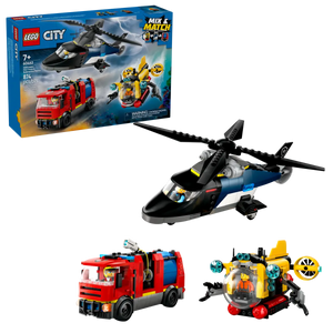 LEGO City helicopter fire truck submarine set with detailed rescue vehicles and figures